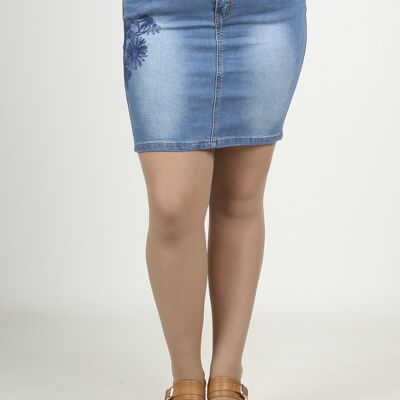 Short denim skirt with matching embroidery - Indigo