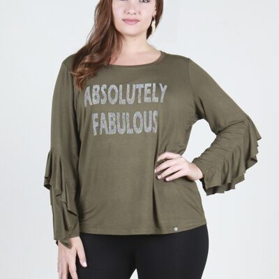 T-shirt with ruffles on the sleeves - Khaki