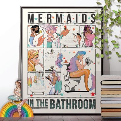 Sirènes dans la salle de bain, affiche imprimée de salle de bain. Affiche amusante d'humour de toilette, décor de bain à la maison. Parfait pour votre petite sirène - Poster sans cadre