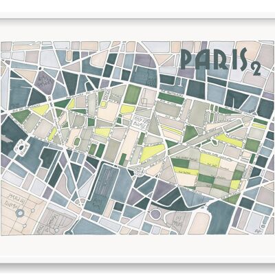 Affiche PARIS - Illustration Plan du 2ème arrondissement - décoration murale