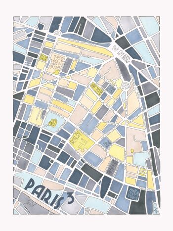 Affiche Illustration Plan du 3ème arrondissement de PARIS - Décoration murale 3