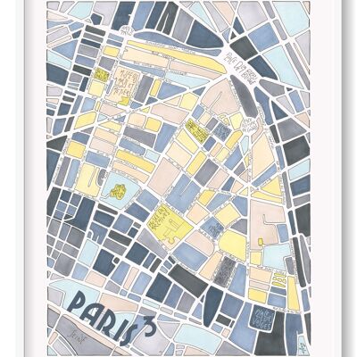 Affiche Illustration Plan du 3ème arrondissement de PARIS - Décoration murale