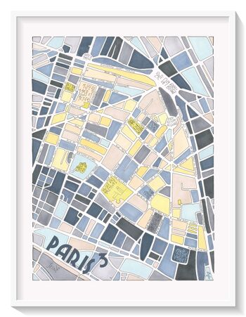 Affiche Illustration Plan du 3ème arrondissement de PARIS - Décoration murale 1