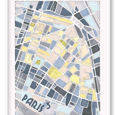 Poster Illustration Map of the 3rd arrondissement of PARIS - Wall decoration