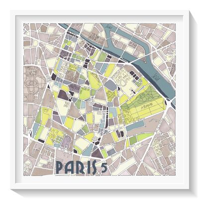 Póster de PARÍS - Ilustración del mapa del distrito 5 - decoración de pared