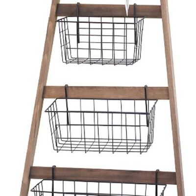 Decorative wooden ladder with 4 metal wire baskets from Naturn Living | Storage rack | Interior organizer | Brown
