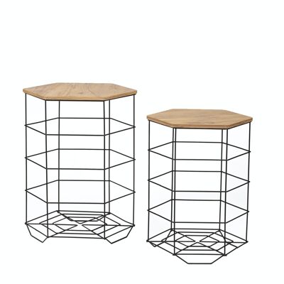 Tavolino in metallo esagonale di Naturn Living | Set di 2 tavolini | Tavolini in filo di ferro | Piano tavolo in legno | Tavoli decorativi | Cesti portaoggetti | nero opaco