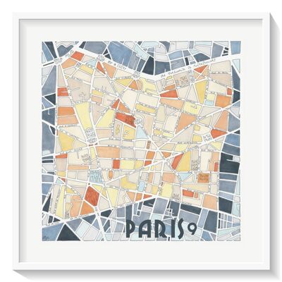 Affiche PARIS - Illustration Plan du 9ème arrondissement - Décoration murale
