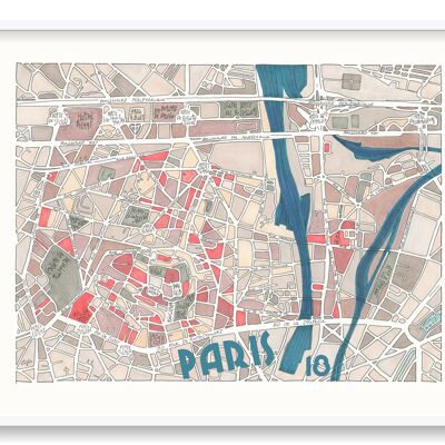 Poster Illustration Map of the 18th arrondissement of PARIS