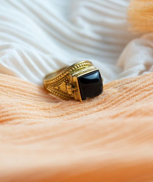 Brass Ring with Square Stone - Gold & Black