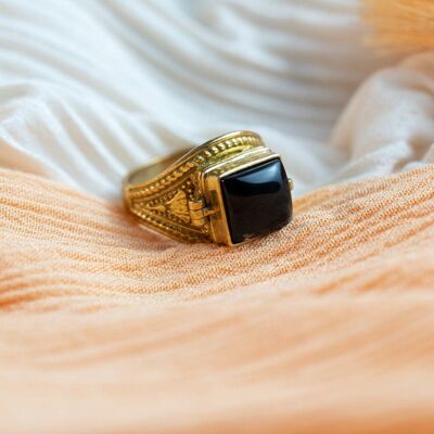 Brass Ring with Square Stone - Gold & Black