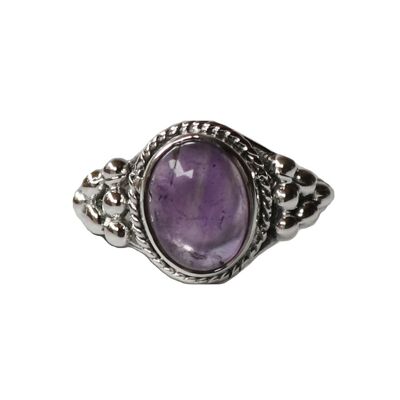 Sterling Silver Oval Ring with Natural Gemstone - Purple Amethyst