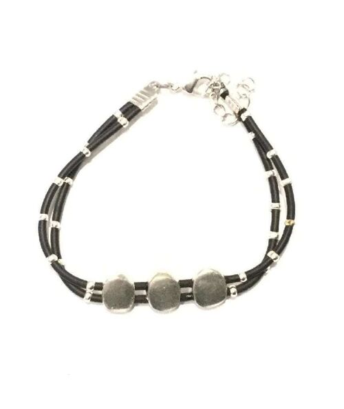 Leather Bracelet with Beaded Accents - Silver