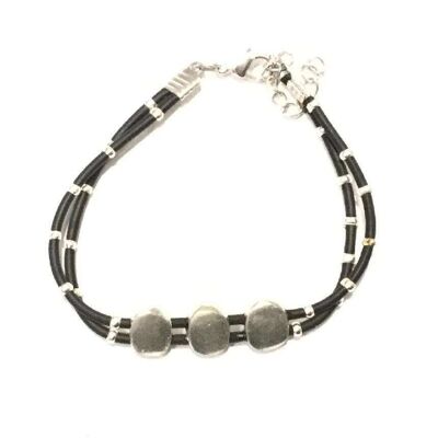 Leather Bracelet with Beaded Accents - Silver