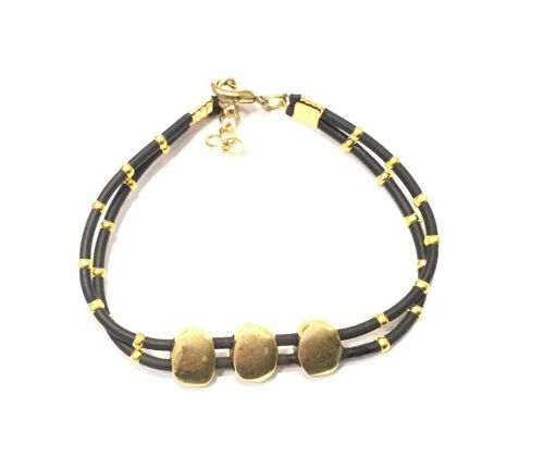 Leather Bracelet with Beaded Accents - Gold