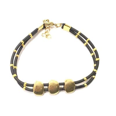 Leather Bracelet with Beaded Accents - Gold