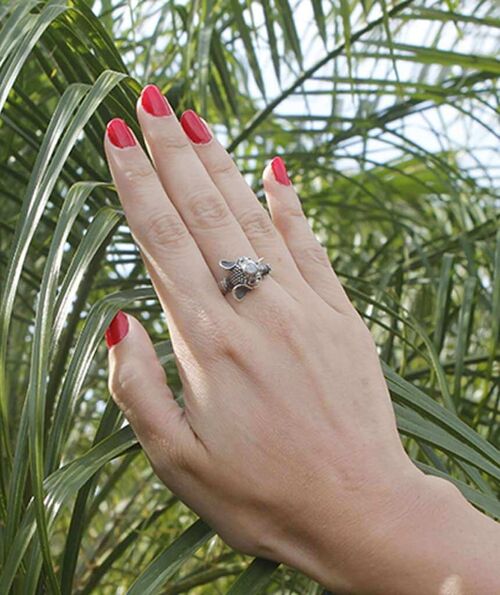 Elephant Ring with Semi Precious Stone - Silver & Black