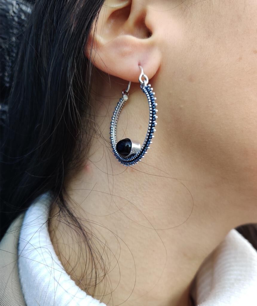 Pendientes Piedra Circular - Plata & Negro