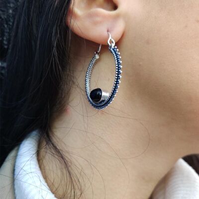 Circular Stone Earrings - Silver & Black