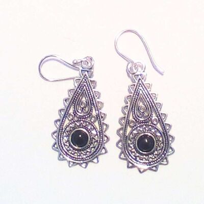 Tear Drop Earrings with Stone - Silver & Black