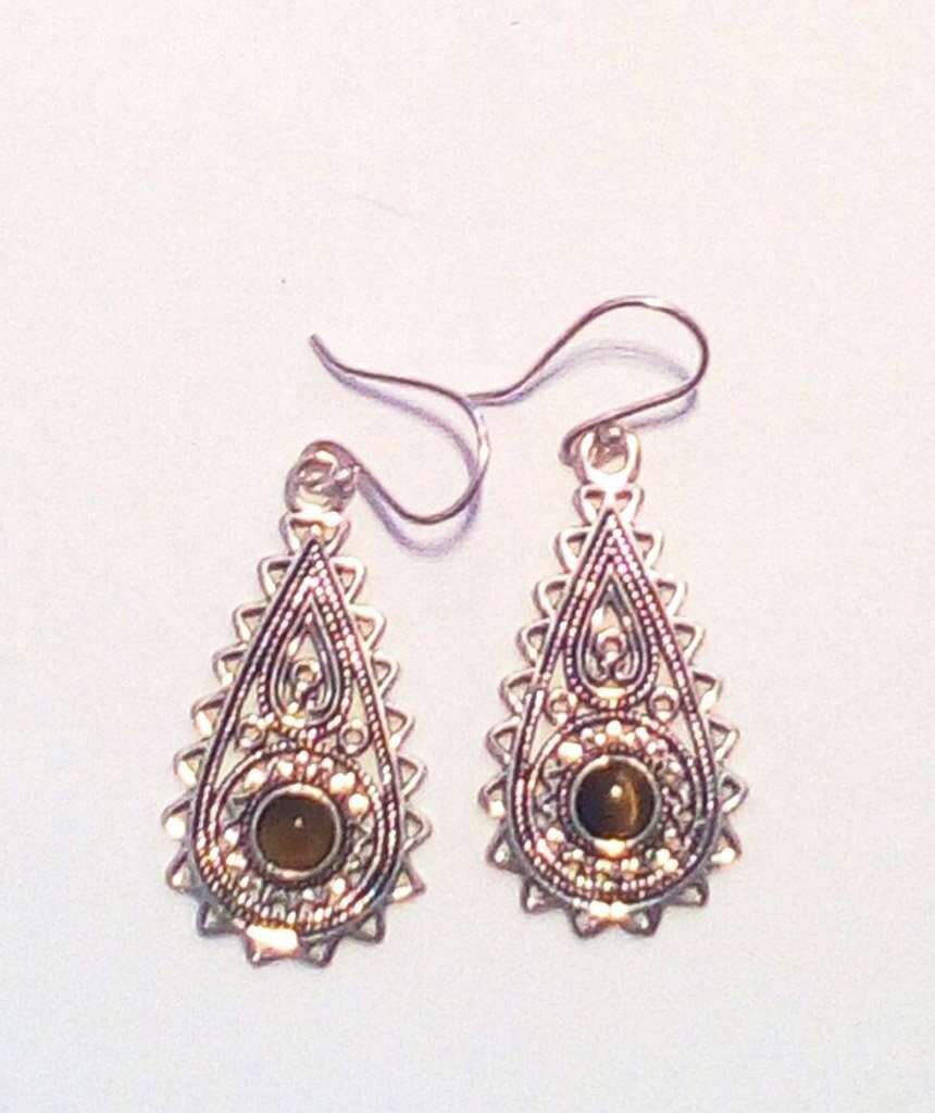 Boucles d'Oreilles Larme avec Pierre - Argent & Marron