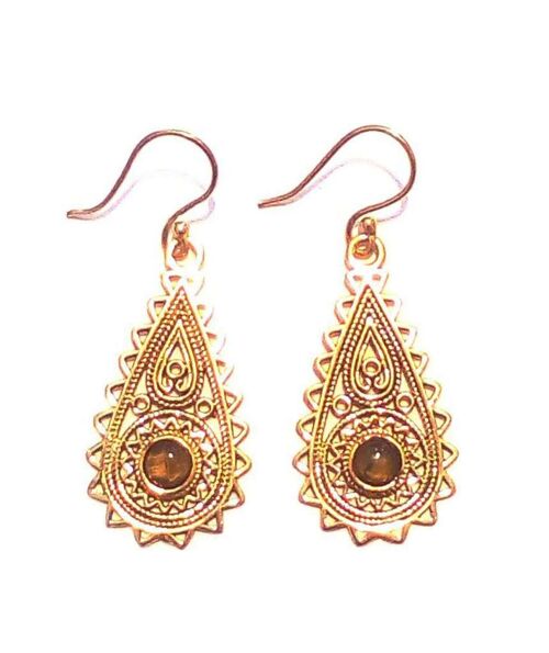 Tear Drop Earrings with Stone - Gold & Brown