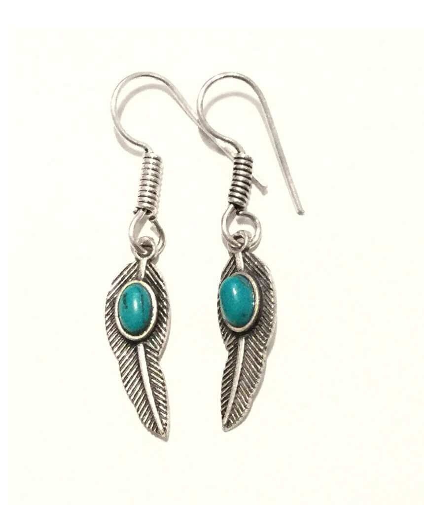Boucles d'Oreilles Pendantes Feuille - Argent & Turquoise