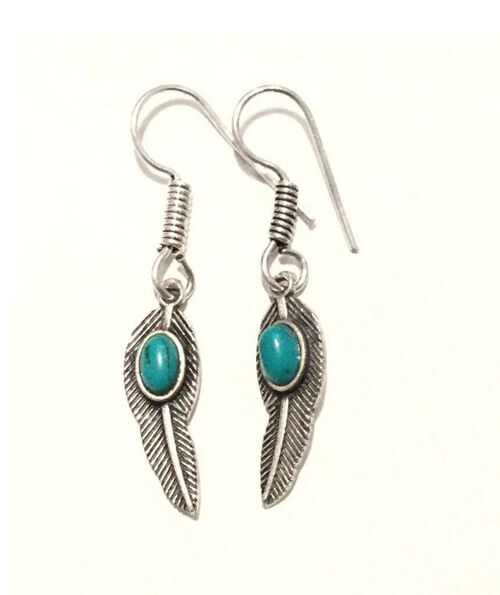 Leaf Dangling Earrings - Silver & Turquoise