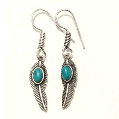 Leaf Dangling Earrings - Silver & Turquoise