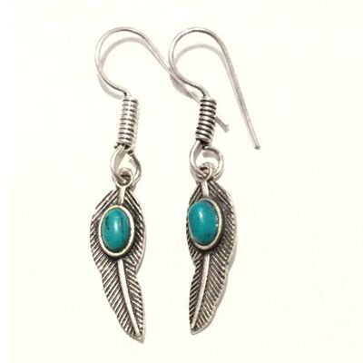 Boucles d'Oreilles Pendantes Feuille - Argent & Turquoise