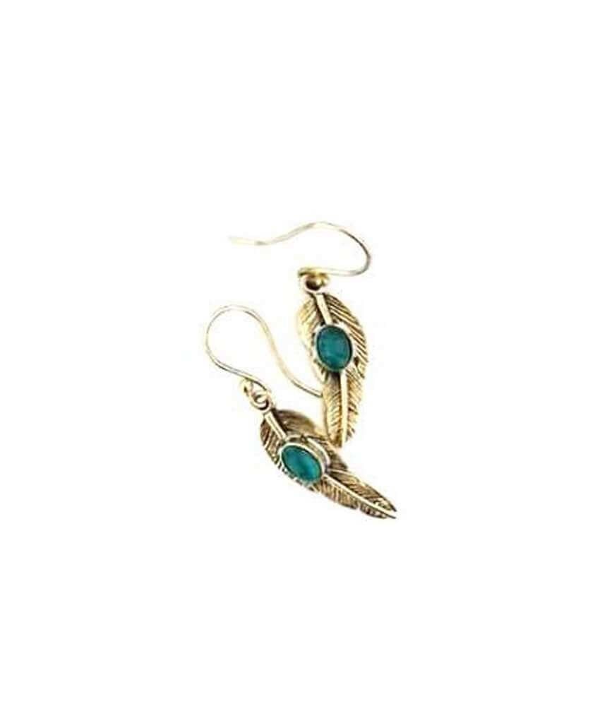 Boucles d'Oreilles Pendantes Feuille - Or & Turquoise