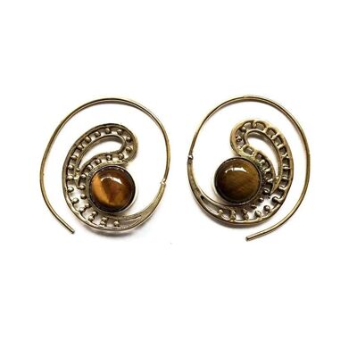 Tribal Earrings With Stone - Gold & Brown
