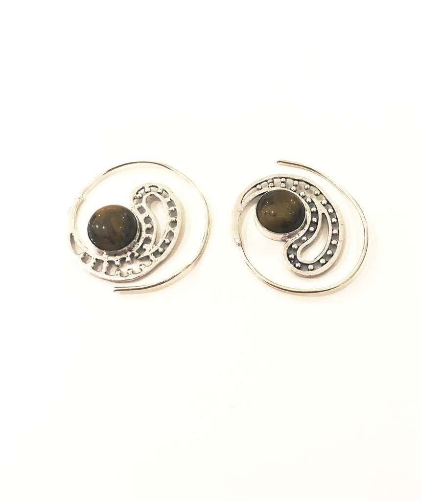 Boucles d'Oreilles Tribales Avec Pierre - Argent & Marron