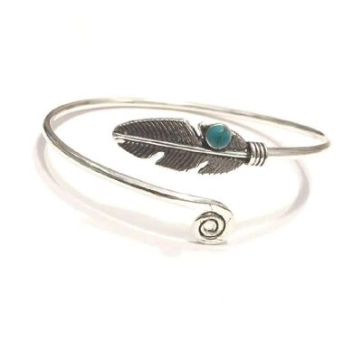 Curl Up Feather Bangle Bracelet - Silver with Stone