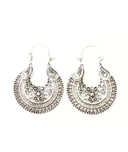 Floral Pattern Hoop Earrings - Silver