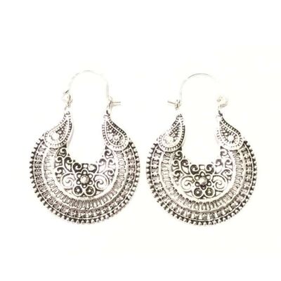 Floral Pattern Hoop Earrings - Silver