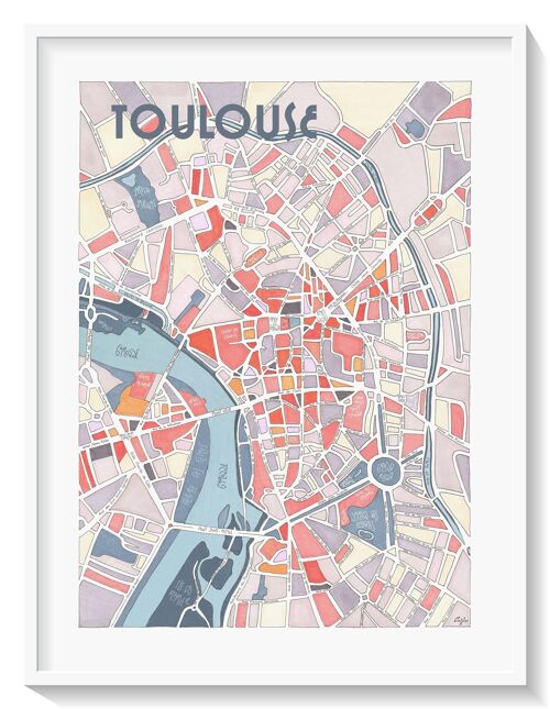Affiche Plan de TOULOUSE, la Ville Rose - illustration fait main