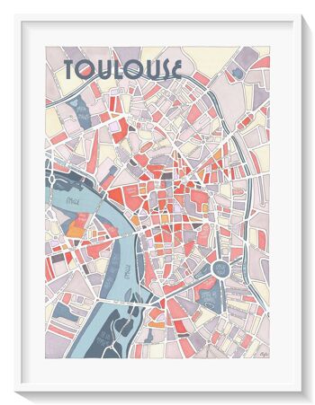 Affiche Plan de TOULOUSE, la Ville Rose - illustration fait main 1