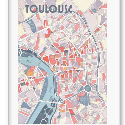 Poster Map of TOULOUSE, the Pink City - handmade illustration