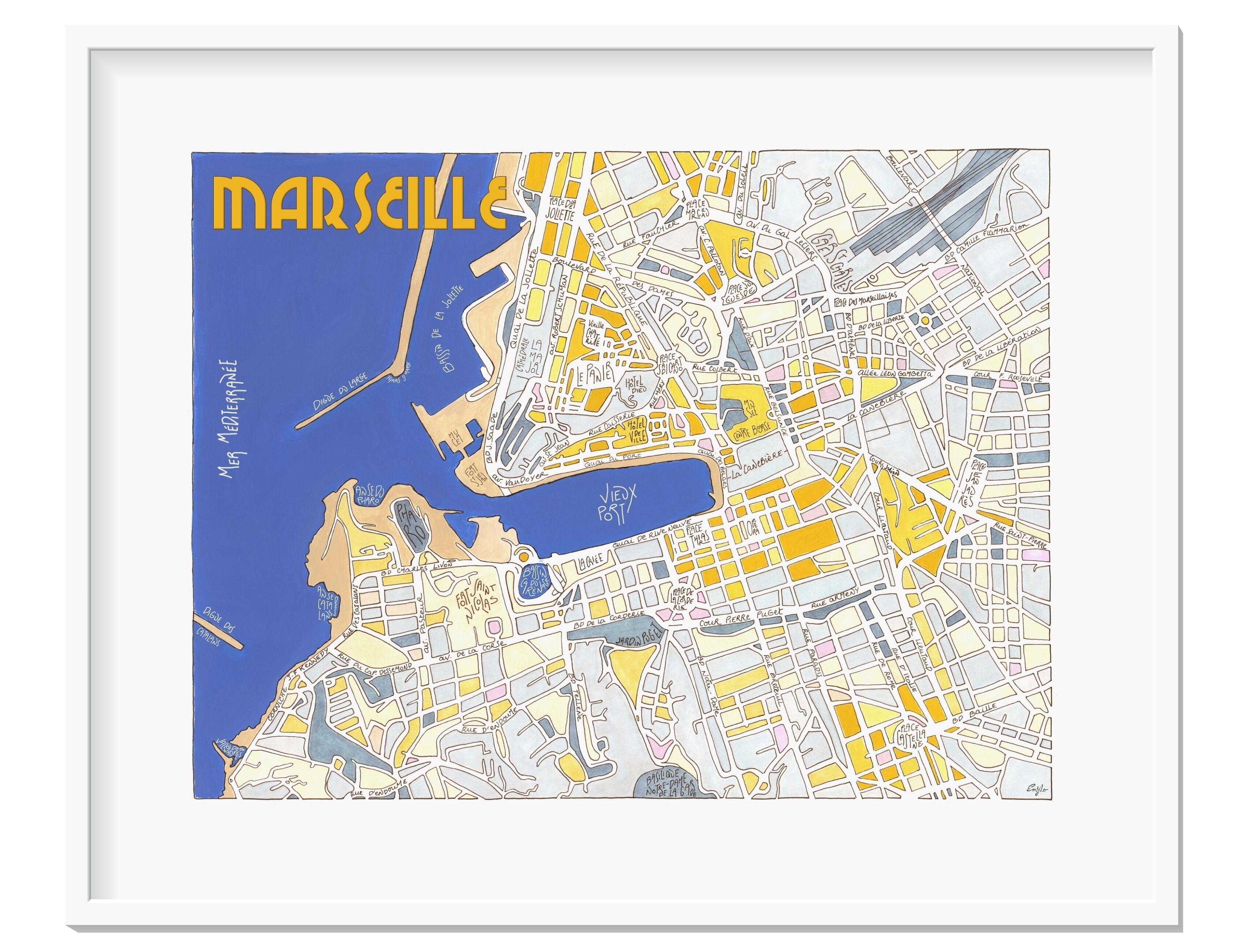 Poster di MARSIGLIA, Francia - Illustrazione della mappa della città - Poster decorativo da parete