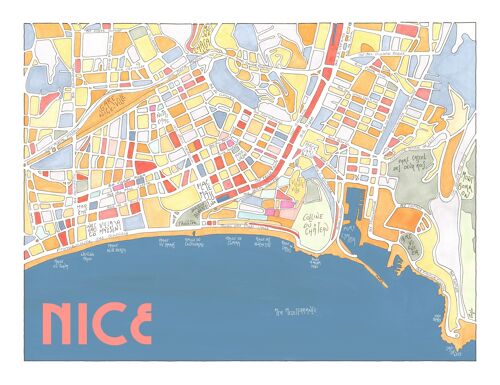 Affiche Illustrée Plan ville de NICE, France - Fait main