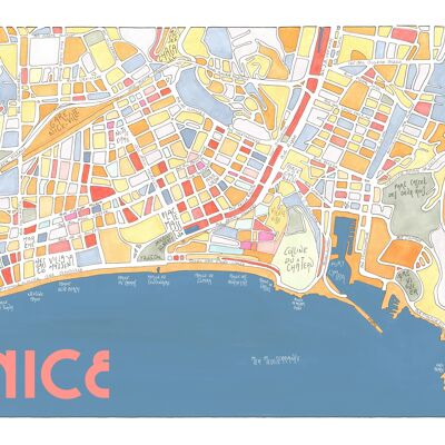 Affiche Illustrée Plan ville de NICE, France - Fait main