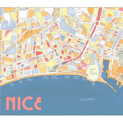 Affiche Illustrée Plan ville de NICE, France - Fait main