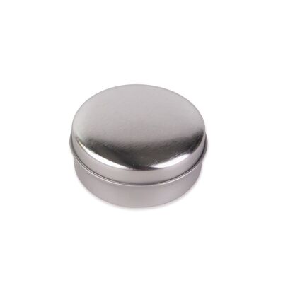 Round tin can with snap-on lid for storing solid shampoo and solid shower gel or soap