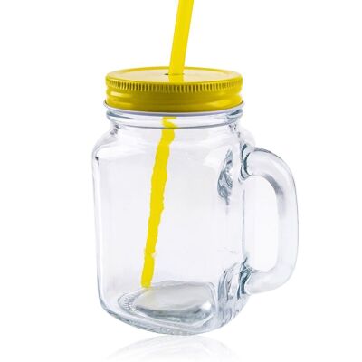 Drinking glass with handle and yellow straw