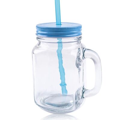 Trinkglas mit Henkel und Strohhalm hellblau