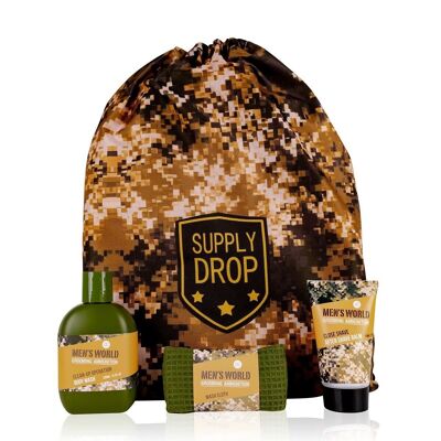 Bath set MEN'S WORLD in a gym bag with camouflage print, gift set for men with shower gel, after shave balm and towel in a practical bag