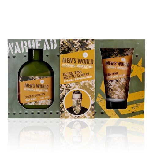 Badeset MEN'S WORLD in Geschenkbox, Geschenkset für Männer mit Duschgel, After Shave Balsam und Halstuch in Camouflage Optik