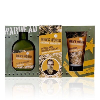 Bath set MEN'S WORLD in a gift box, gift set for men with shower gel, after shave balm and scarf in camouflage look