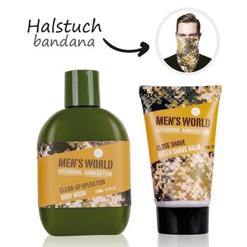 Ensemble de bain MEN'S WORLD dans un coffret cadeau, coffret cadeau pour homme avec gel douche, baume après-rasage et écharpe au look camouflage 4